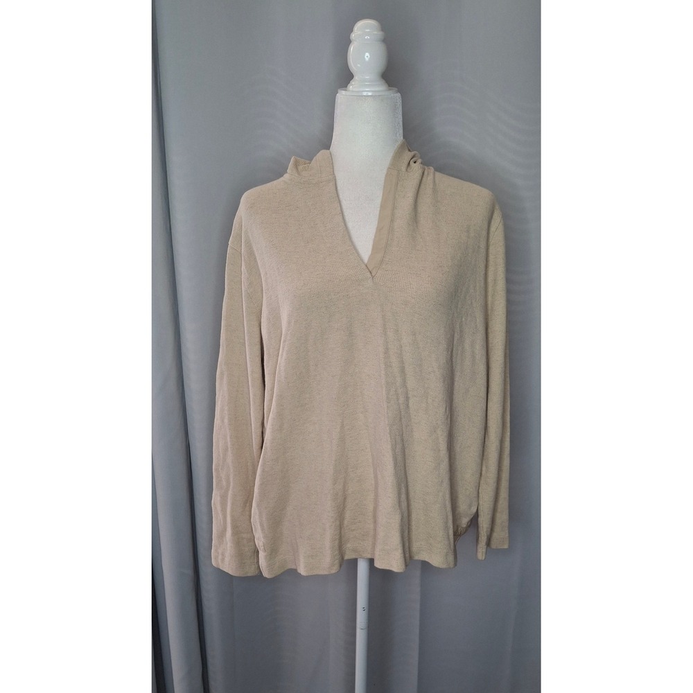 Lauren Ralph Lauren Beige Cotton Linen Blend V-Neck Hooded Sweater Large